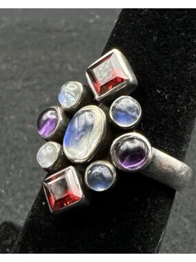 Nicky Butler Sterling Silver Garnet Moonstone Amethyst Cluster Ring Size 5.75
